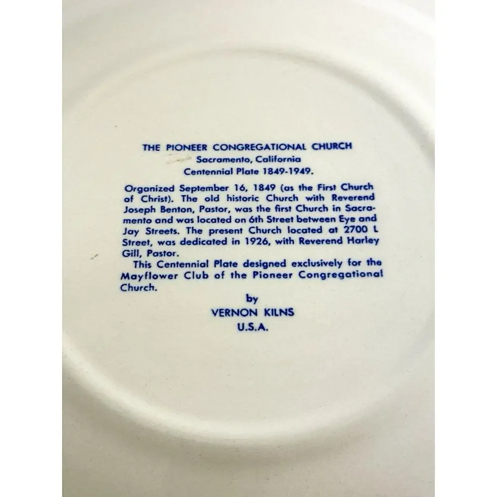 Vintage 1949 Vernon Kilns Pioneer Congregational Church Sacramento CA Plate